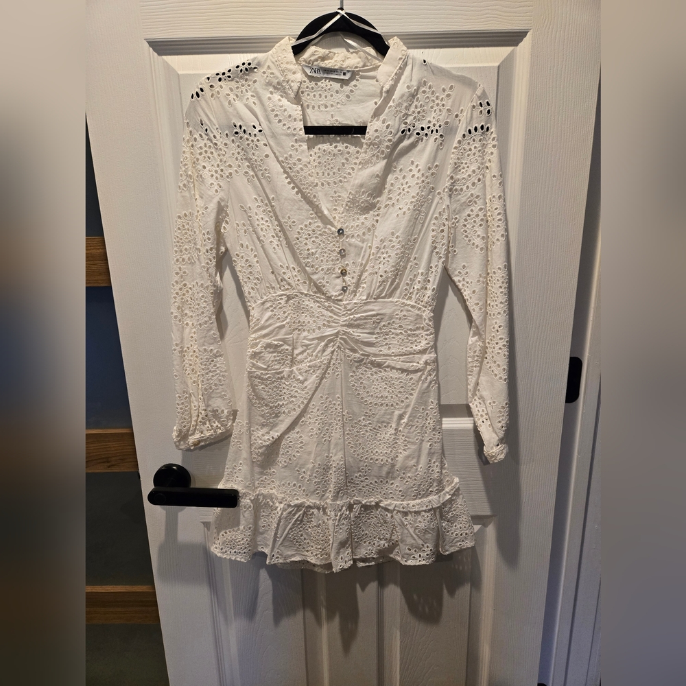 Zara - White Eyelet Button-Down Dress